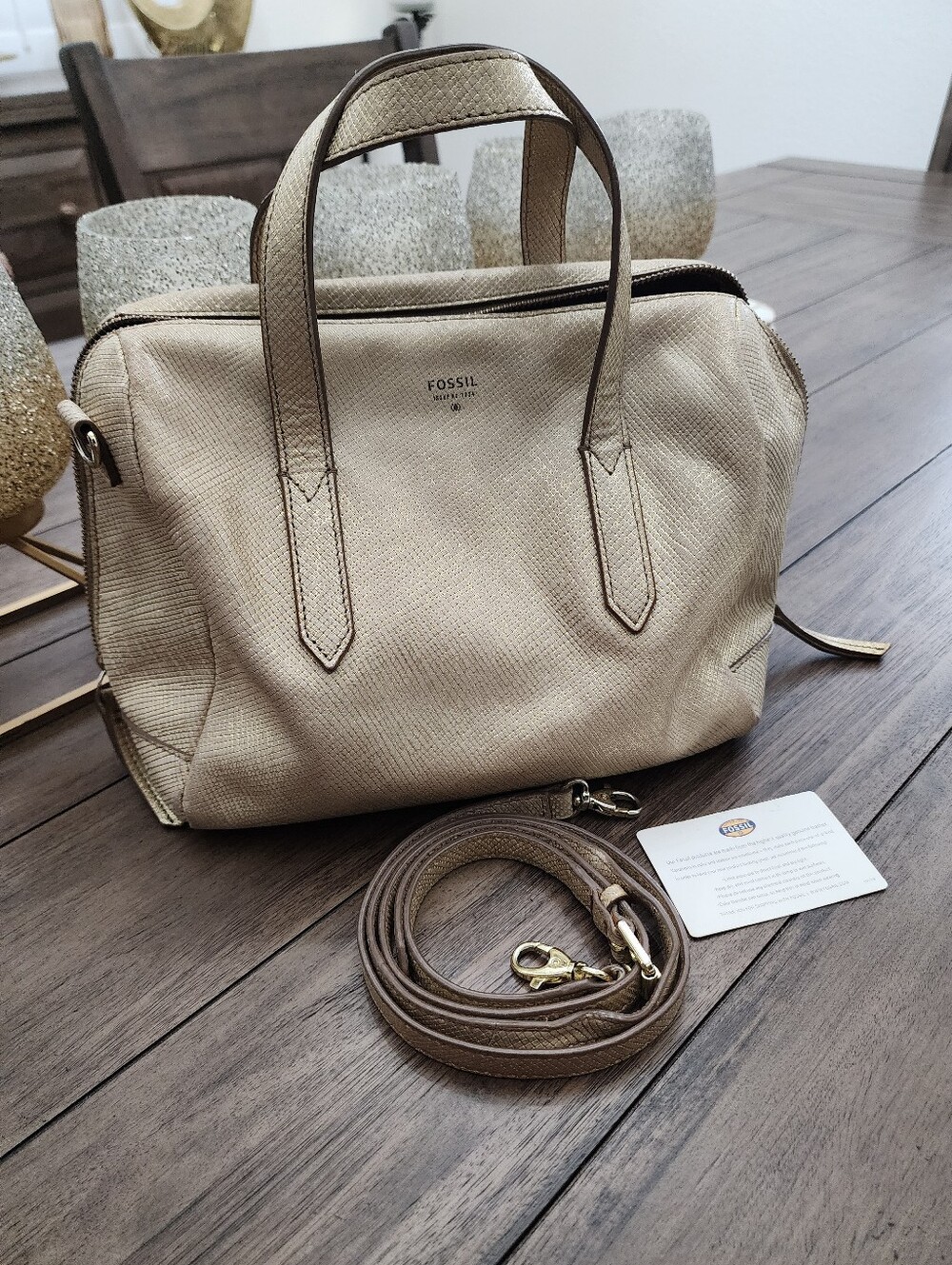 Fossil Beige/gold Leather Satchel Bag with Detachable Strap